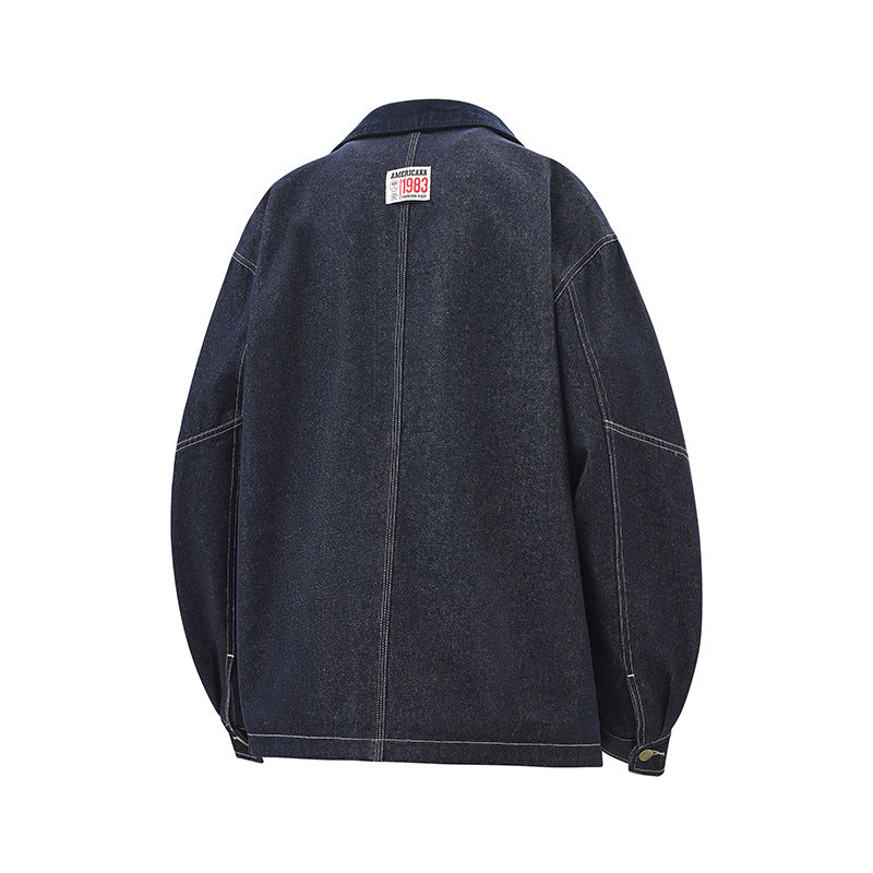 Color-Block Turn-Down Collar Multi-Pocket Loose-Fit Denim Jacket