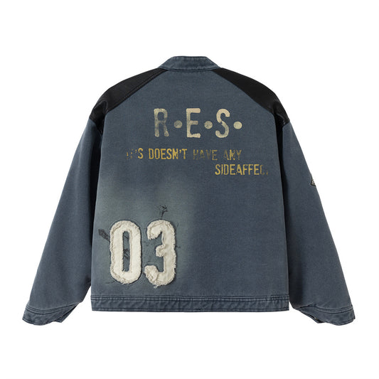 Men's Denim Coat with Distressed Stand Collar