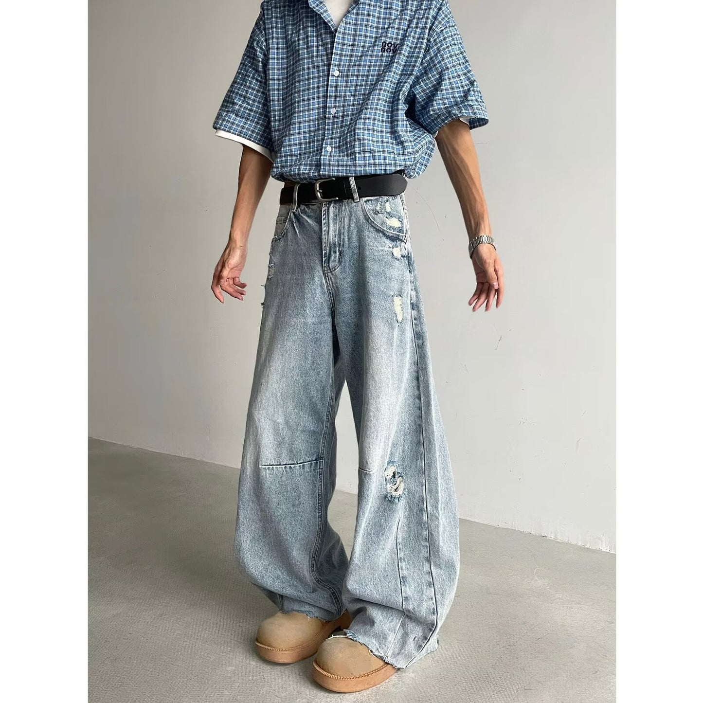 Ripped Denim Loose and Slimming Versatile Wide Leg Pants with Frayed Edges