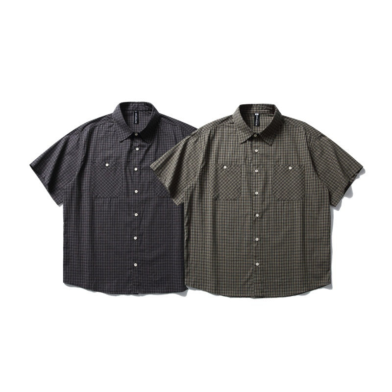Double Patch Pocket Design Checkered Loose Short Sleeved Shirt