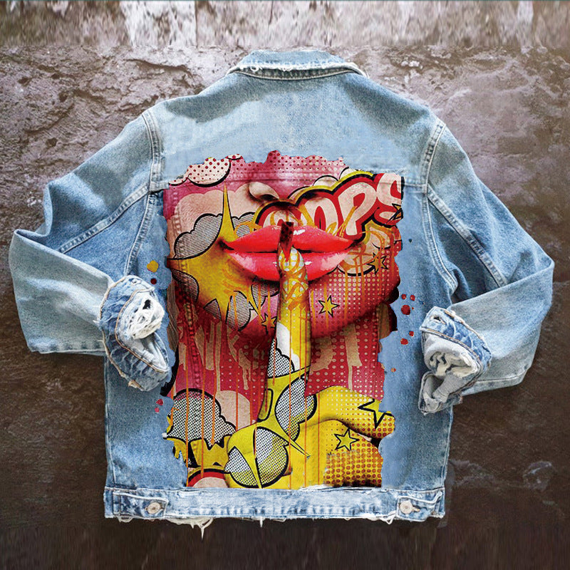 Women's  Denim Jacket with Finger to Lips Print