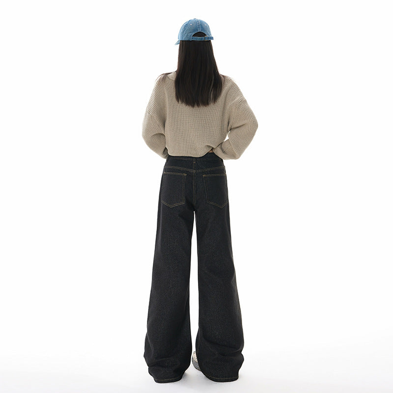 Women's Black Denim Flared Pants - Loose Fit Wide Leg Tapered Bottoms for Summer