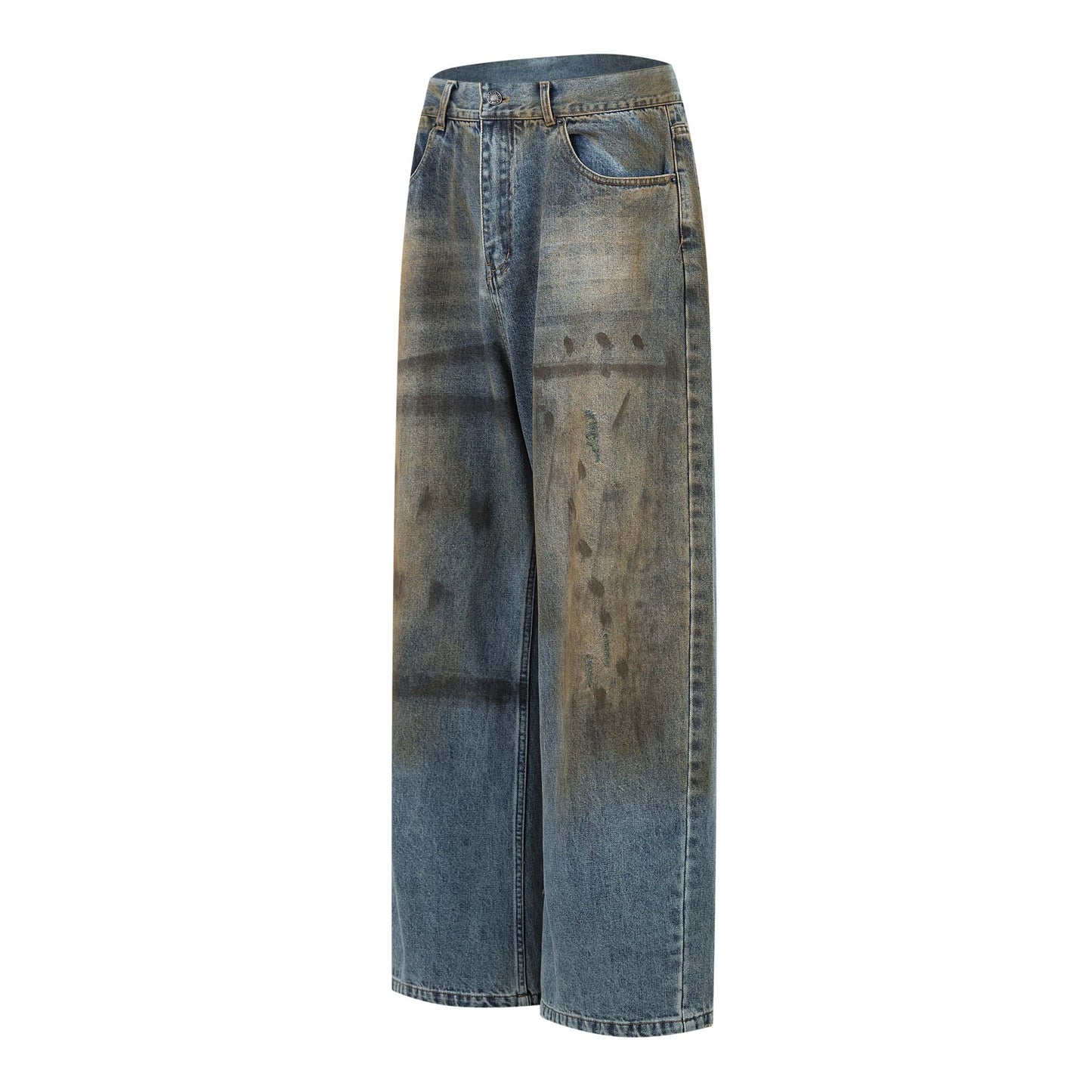 Retro Washed Tie-Dye Distressed Denim Pants - Unisex Loose Wide-Leg Trousers