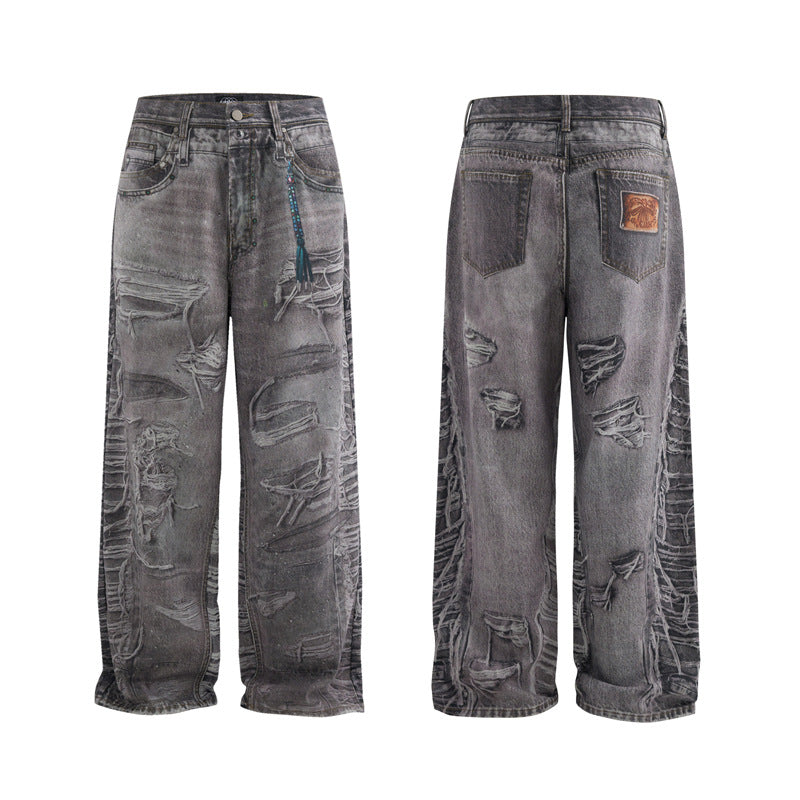 Heavy-Duty Vintage Wash Loose Fit Denim Trousers with Digital Print