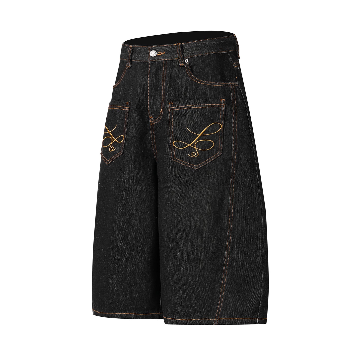 Unisex Curved Knife Denim Embroidered Mid-Length Shorts