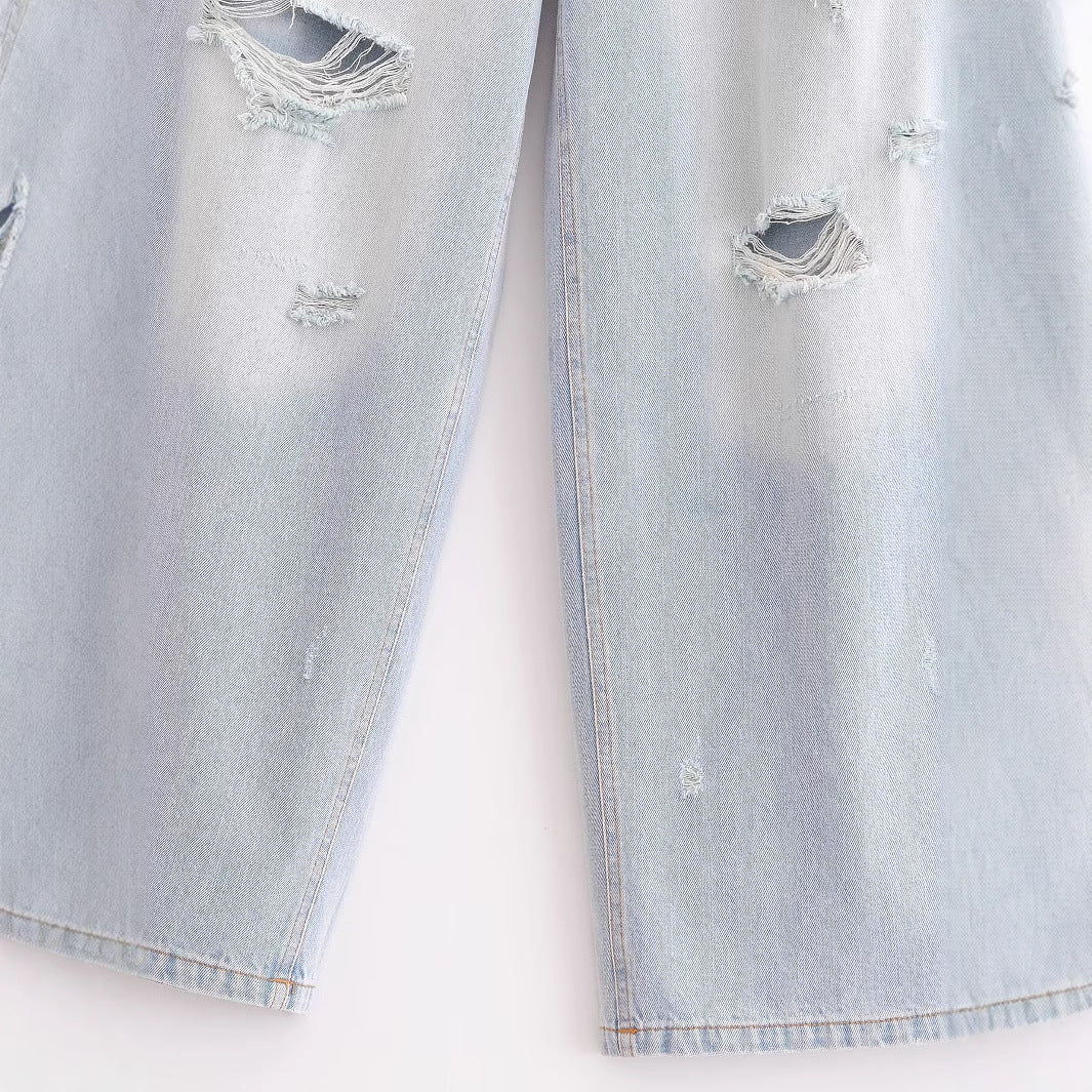 Versatile High-Waisted Ripped Loose Distressed Denim Pants for Women