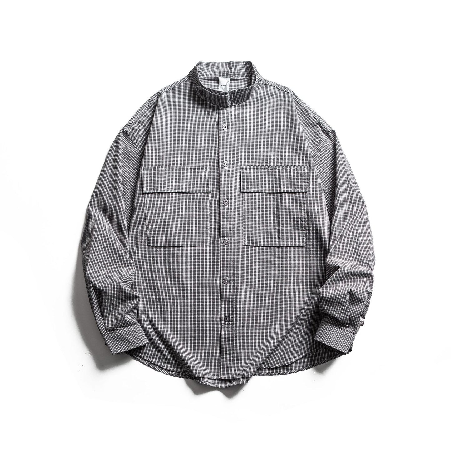 Loose Long Sleeve Shirt with Plaid Pattern and Patch Pocket