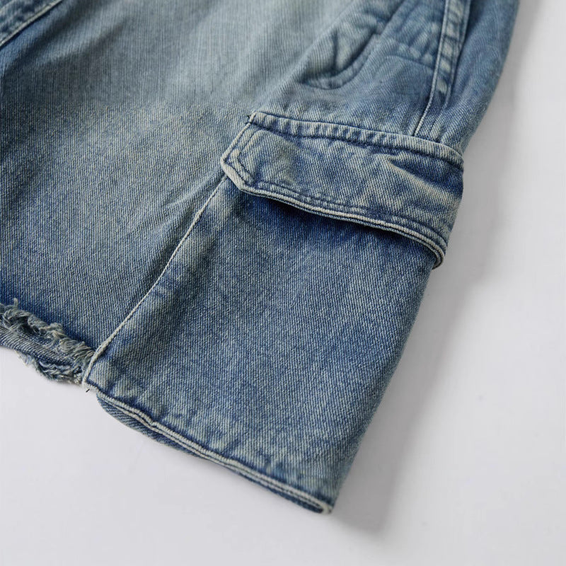 Retro Washed Five-Quarter Casual Shorts Denim Pants - Unisex Multi-Pocket Loose Wide-Leg Pants