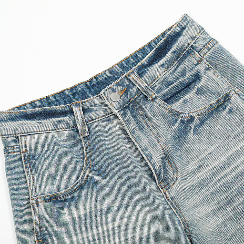 Punk Washed Gradient Wave Pattern Denim Pants - Men's Loose Wide Leg Jeans