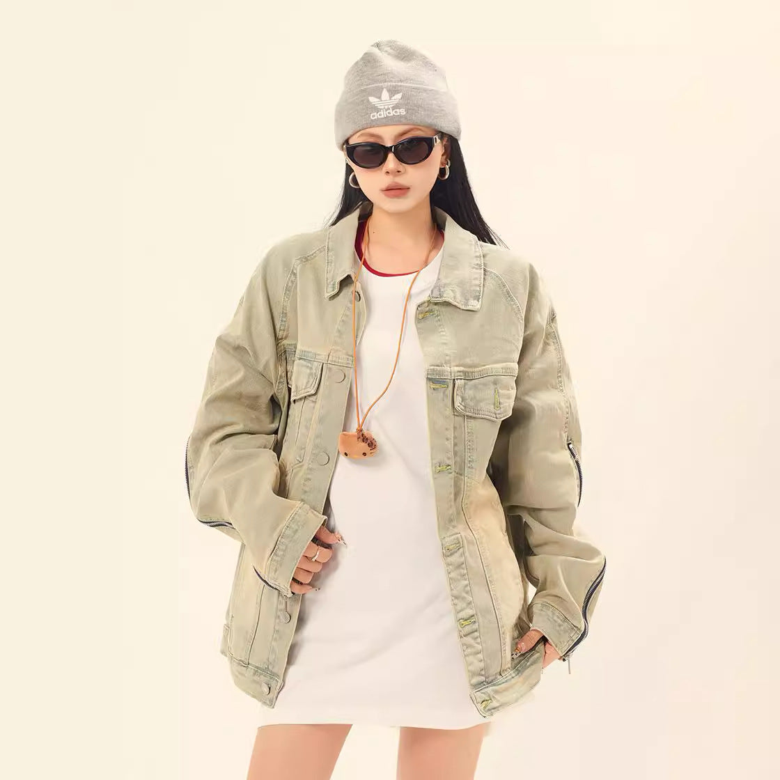 Washed and Worn Solid Color Zipper Denim Jacket