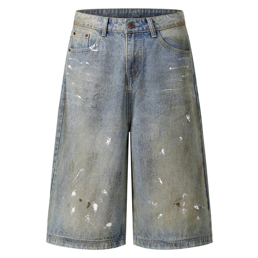 Men's Denim Blue Dirty Fit A-line Wide Leg Loose Seven-eighths Jeans