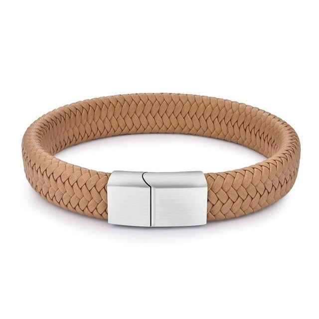 Men's Braided Leather Bracelet with Stainless Steel Magnetic Clasp