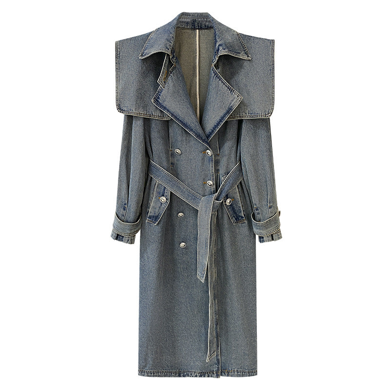 Plus Size Long Blue Denim Trench Coat for Women