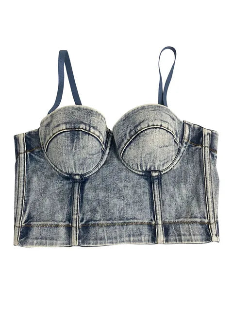 Sexy Women's Short Tank Tops Retro Fishbone Denim Camisole Slim Fit Spring