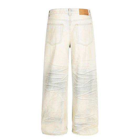 Dirty Dyed Ripped Denim Jeans - Mid Waist, Loose Fit