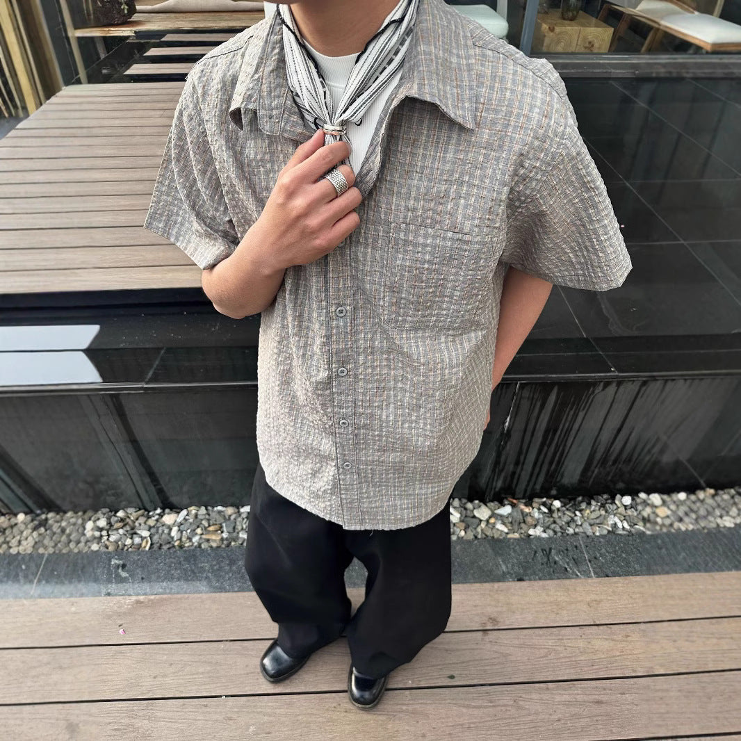 Woven Plaid Cross Yoke Loose Silhouette Short Sleeve Shirt