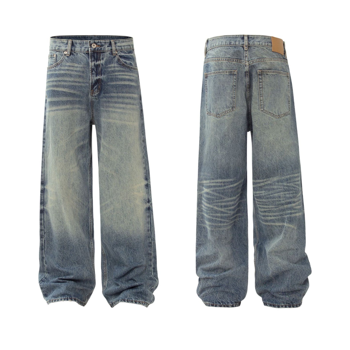 Unisex Vintage High-End Cat Whisker Pattern Raw Denim Washed Loose Fit Jeans