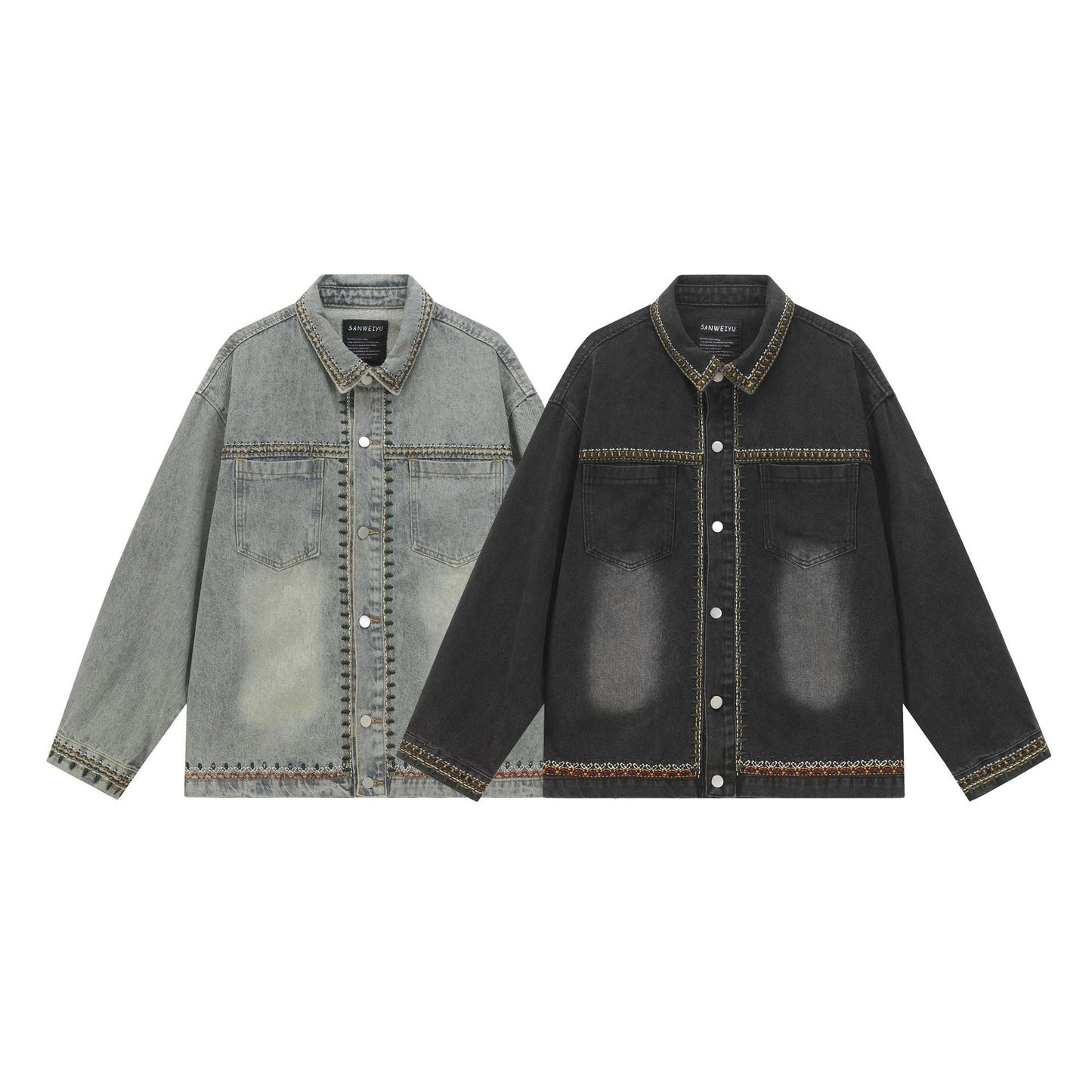 Lace Embroidery Loose Washed Denim Jacket for Men and Women