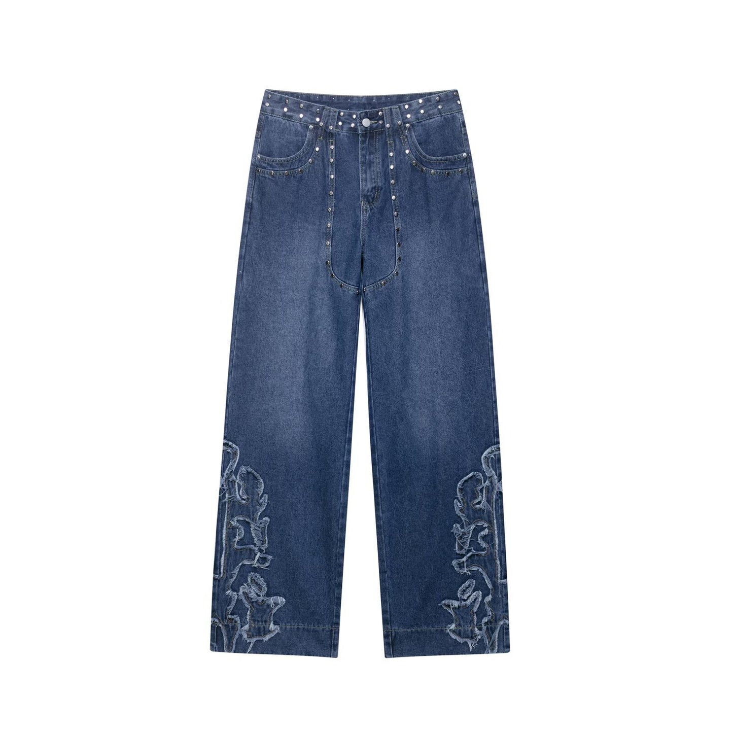 Women's European and American Style Studded Embroidered Straight Leg Jeans