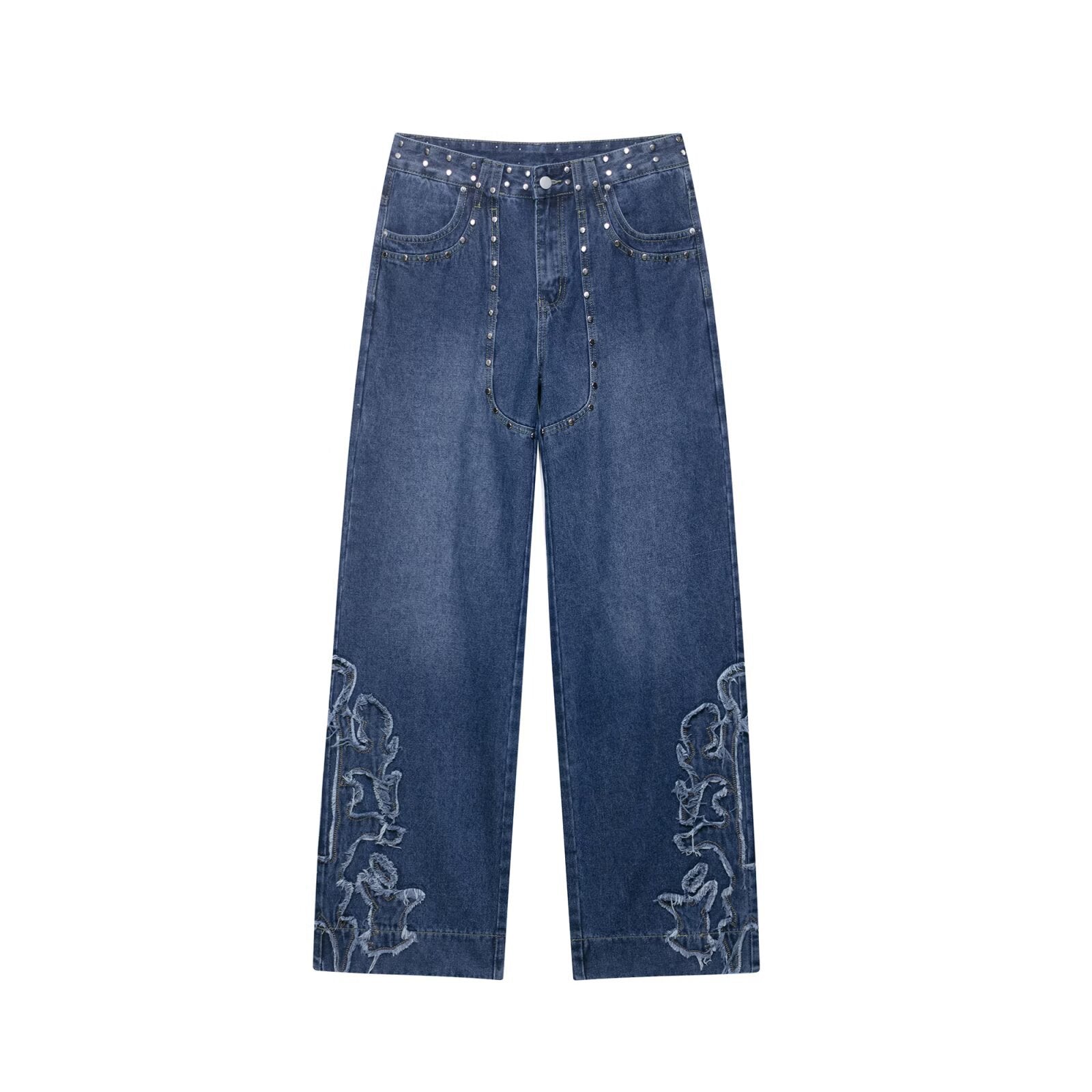 Women's European and American Style Studded Embroidered Straight Leg Jeans