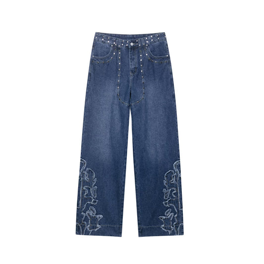 Women's European and American Style Studded Embroidered Straight Leg Jeans