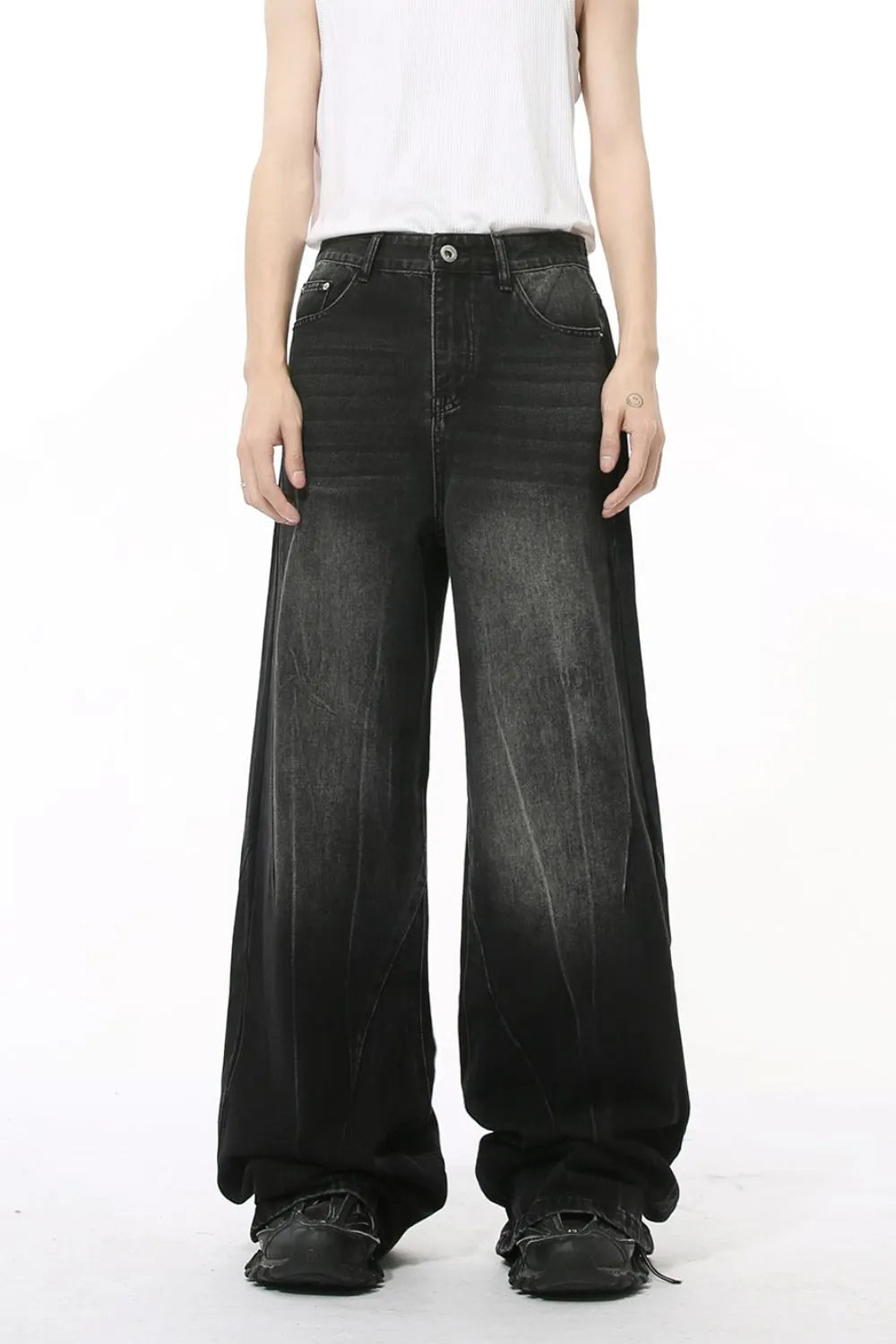 Washed Lightning Pattern Wide Leg Jeans