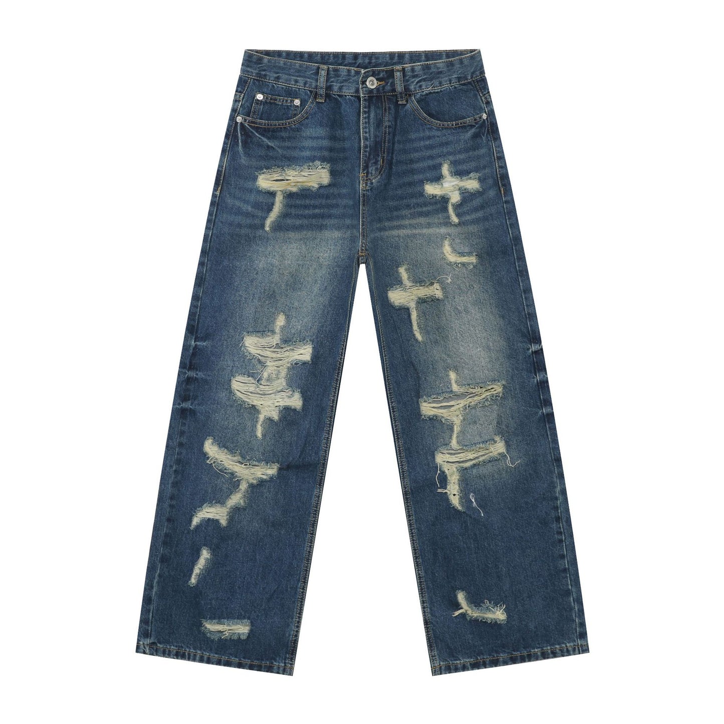American Style Distressed Denim Pants for Men - High Street Retro Vibe