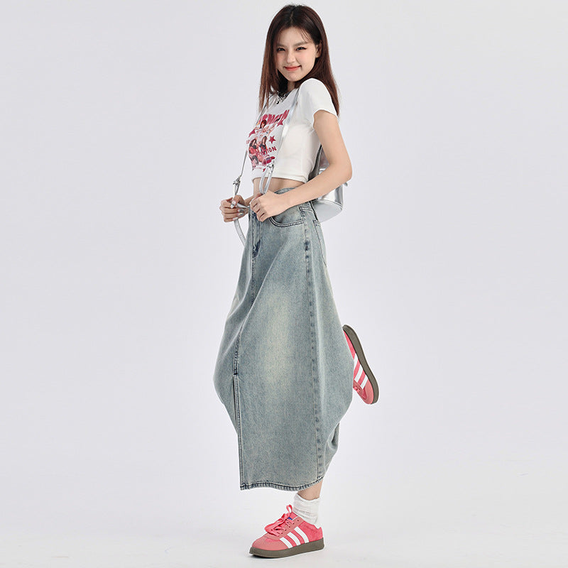 Orange Silk Women's Slit Denim Mini Skirt High Waist American Retro A-Line Skirt