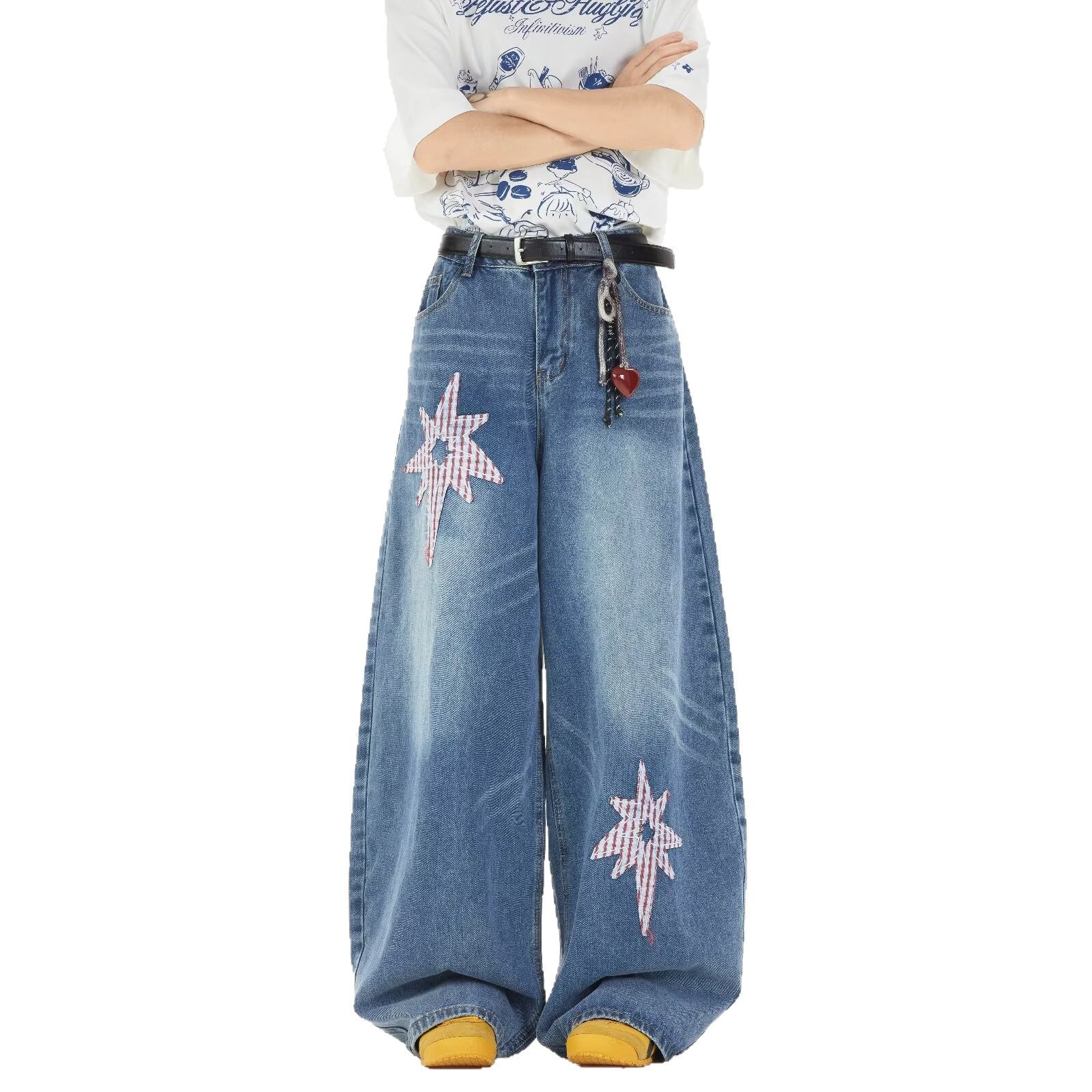Retro Star Patch Embroidered Denim Wide Legged Casual Pants
