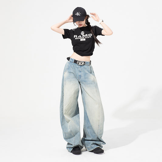 Retro Loose Scythe Denim Pants for Women - High Waist Wide Leg Trousers