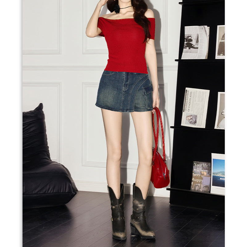 Pure Desire High Waist Denim A-Line Skirt for Women with Irregular Hem