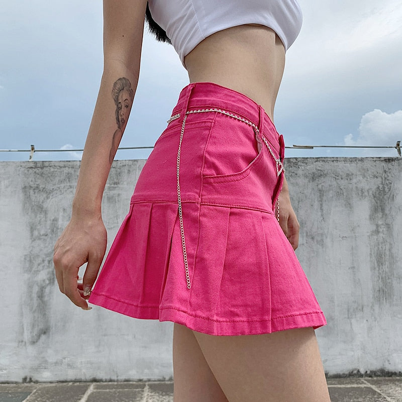 High Waist Women's Punk Denim Mini Skirt with Ruffles