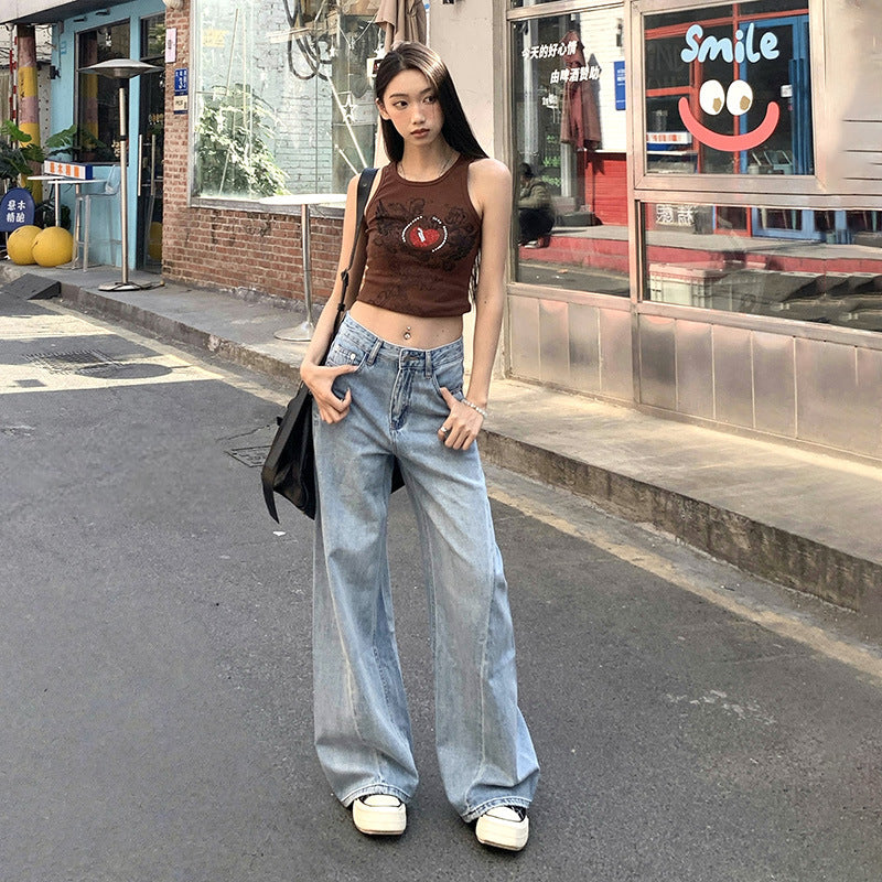 Women's Spliced Wide Leg Flared Denim Trousers