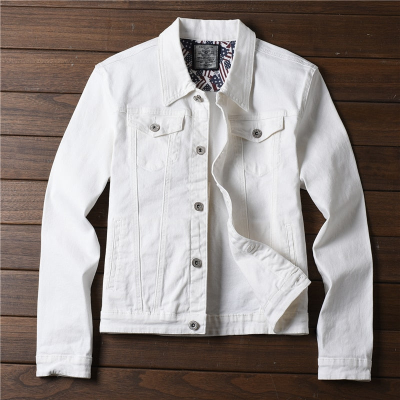 Skinny Men's White Denim Jacket - Short Style, Slim Fit, Fashionable Streetwear