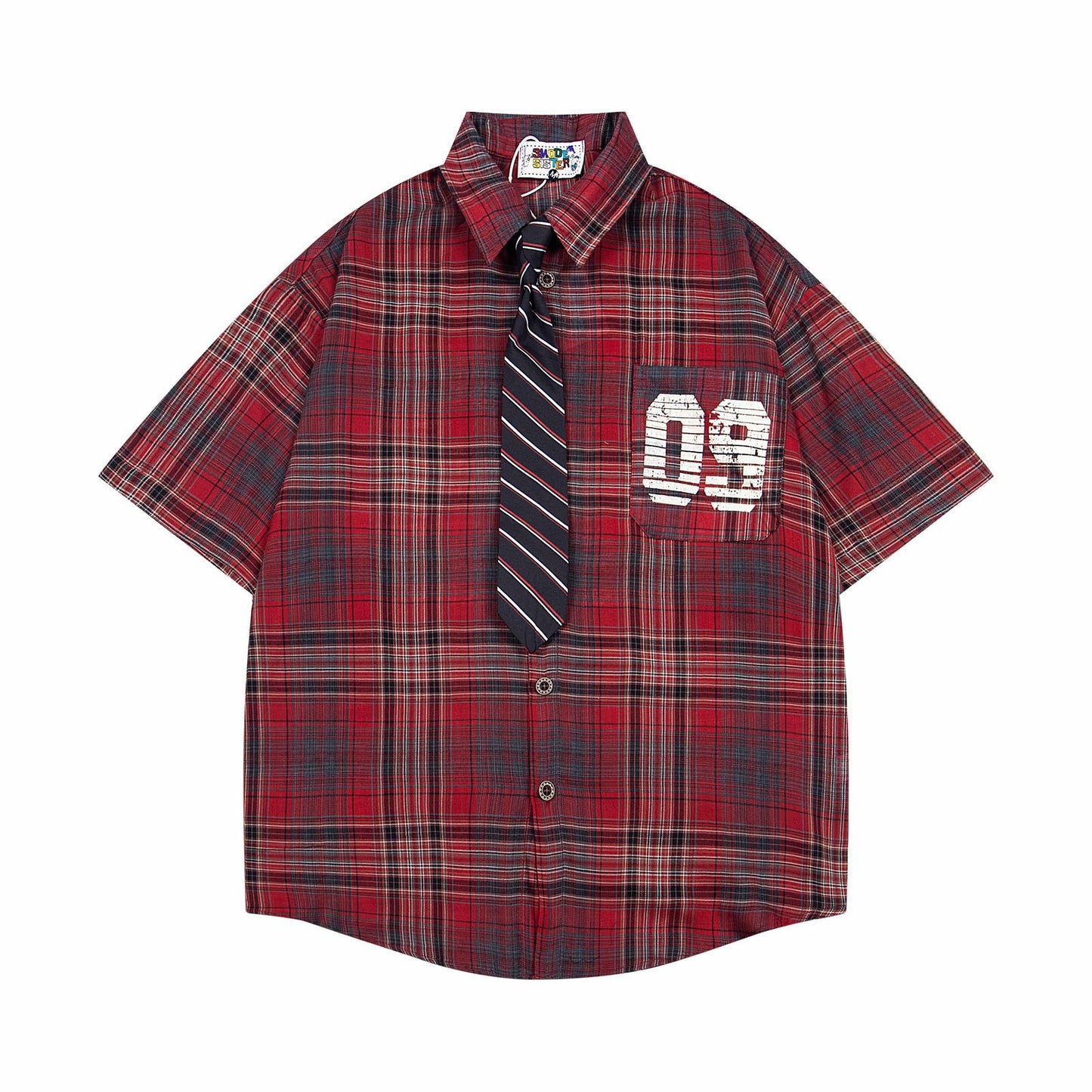 Retro College Style Plaid Short Sleeve Shirt with Tie for Men and Women