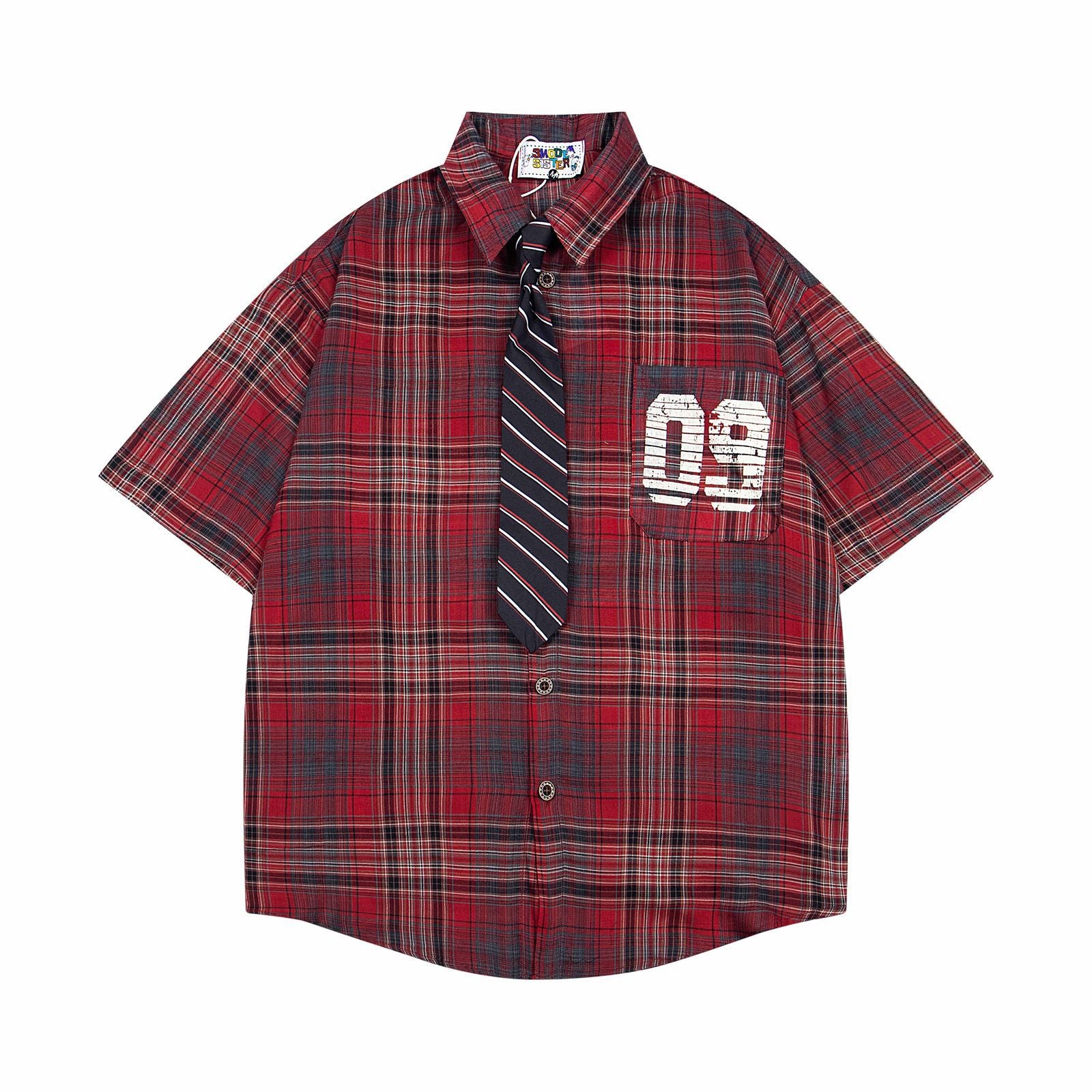 Retro College Style Plaid Short Sleeve Shirt with Tie for Men and Women