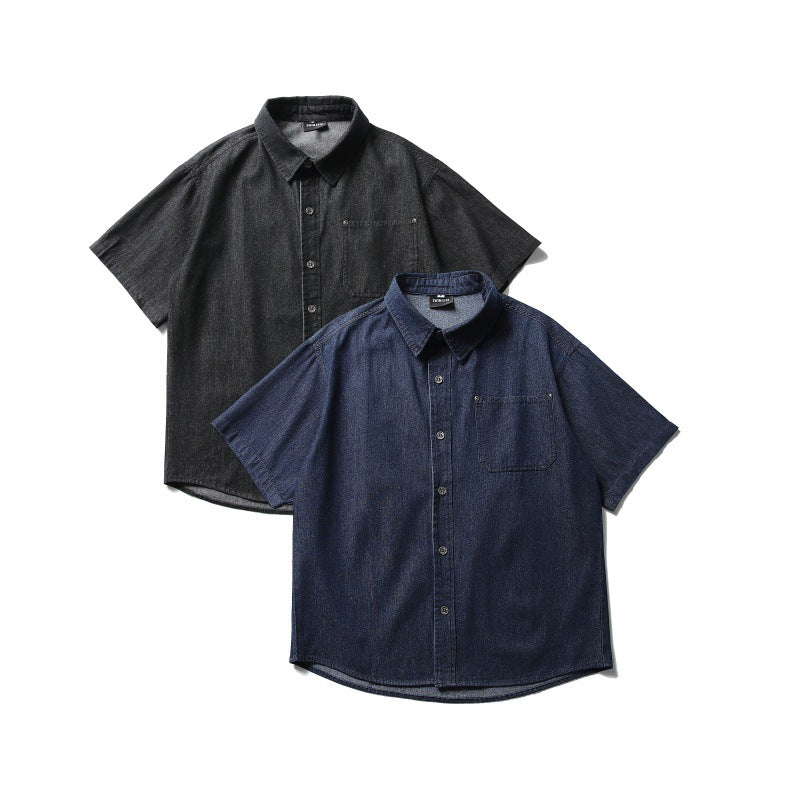 Loose-Fitting Denim Short-Sleeved Shirt with Patch Pocket Design