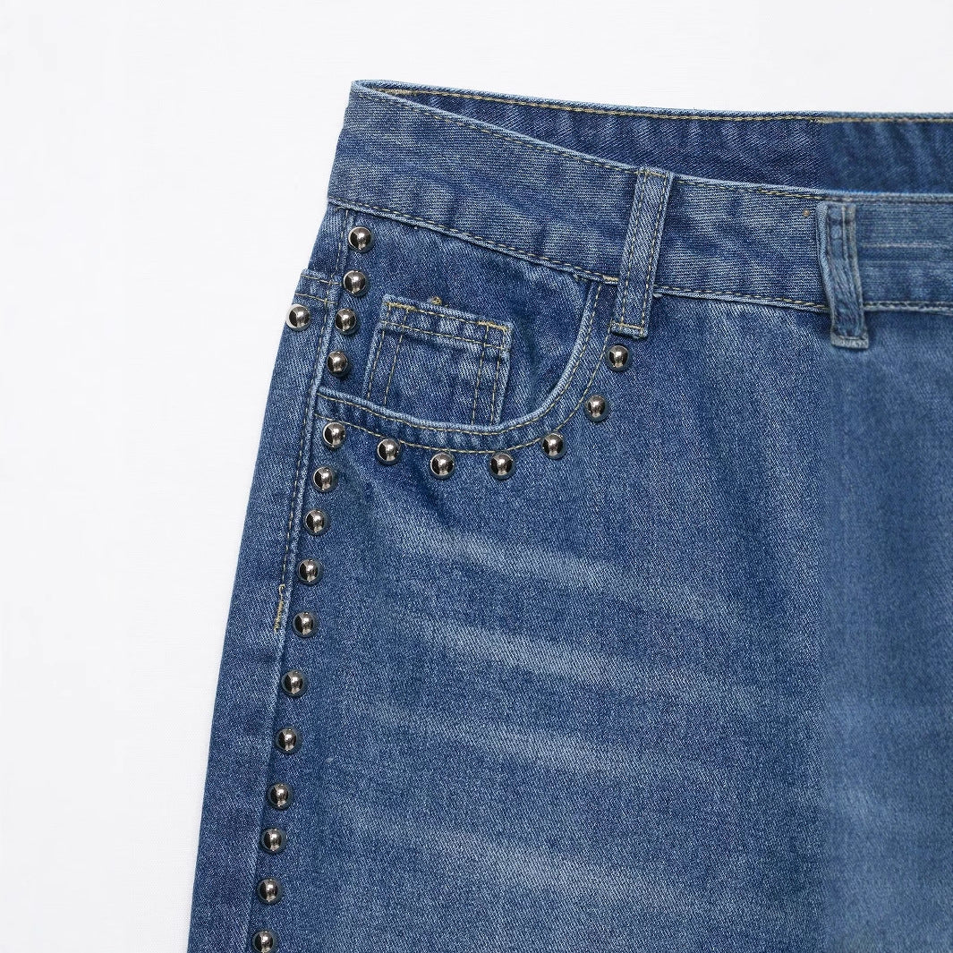 Casual Vintage Mid High Waisted Denim Wide Leg Pants for Women