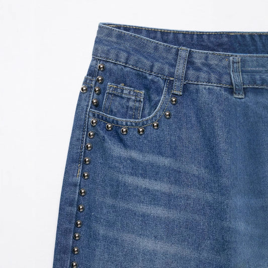 Casual Vintage Mid High Waisted Denim Wide Leg Pants for Women
