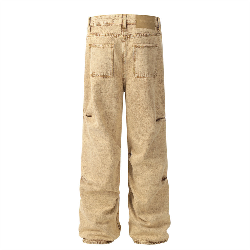 Men Heavy Industry Laundry Vintage Prewashed Yellow Jeans Straight Leg