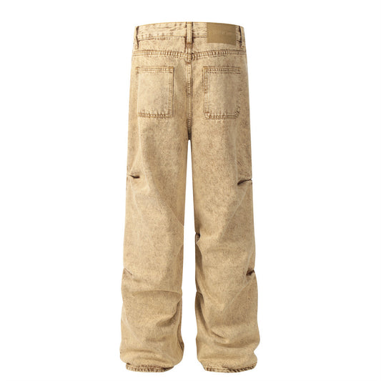 Men Heavy Industry Laundry Vintage Prewashed Yellow Jeans Straight Leg