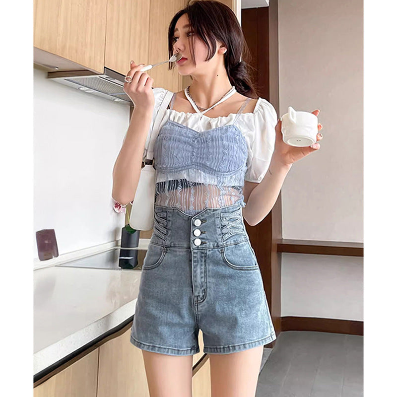 Casual High-Waisted Buttoned Denim A-Line Shorts for Women