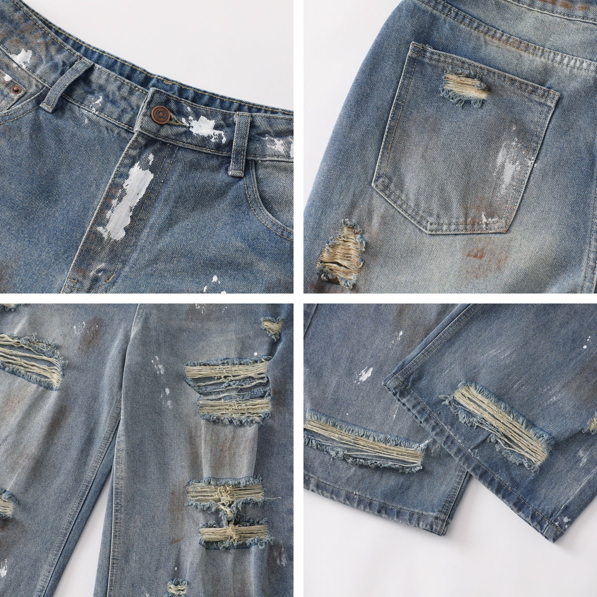Washed Distressed Mud-Dyed Denim Pants - Unisex Loose Casual Trousers