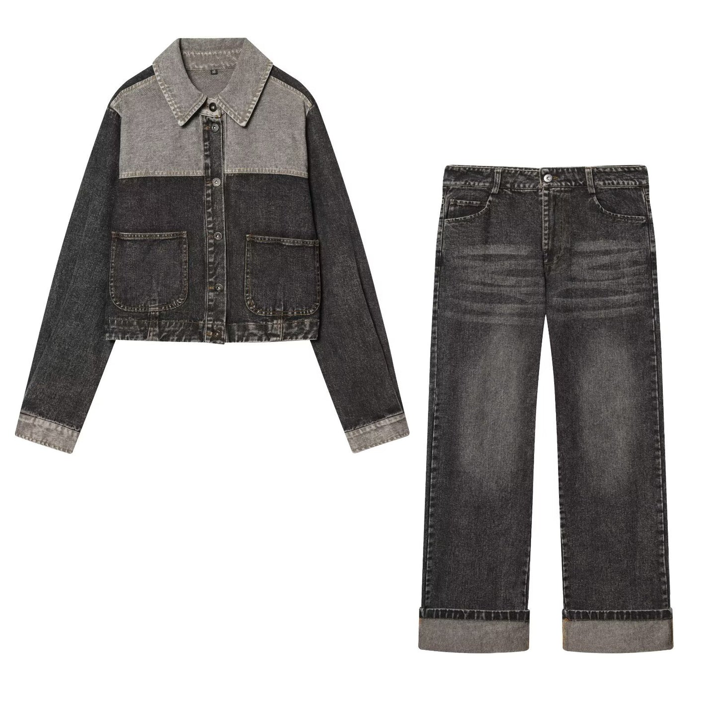 Spring Denim Jacket & Rolled Denim Jeans Set for Women — Coordinated Polyester Two-Piece