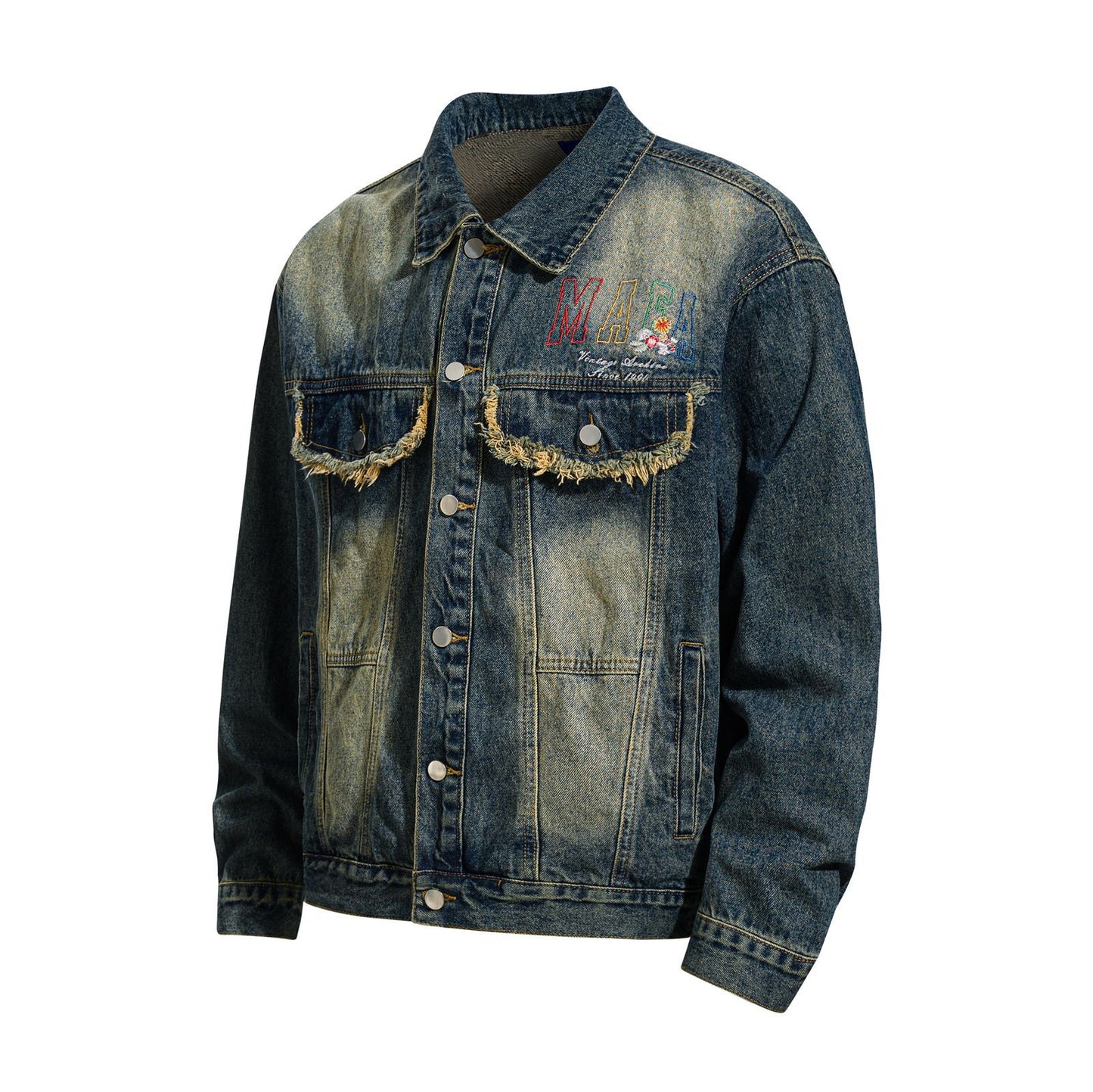 Style Washed Denim Jacket with Colorful Letter Embroidery