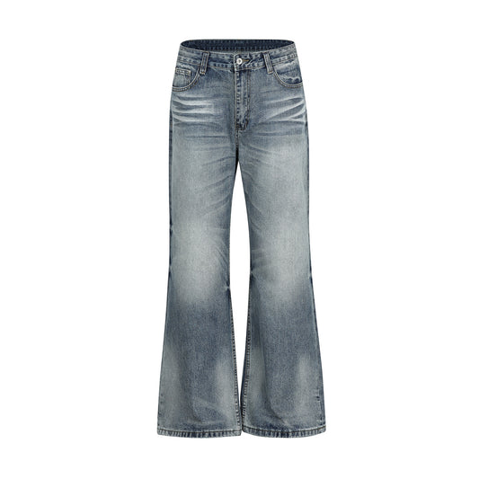 Vintage Street Style Unisex Relaxed Fit Cat-Whisker Pattern Washed Blue Flared Denim Jeans for Men
