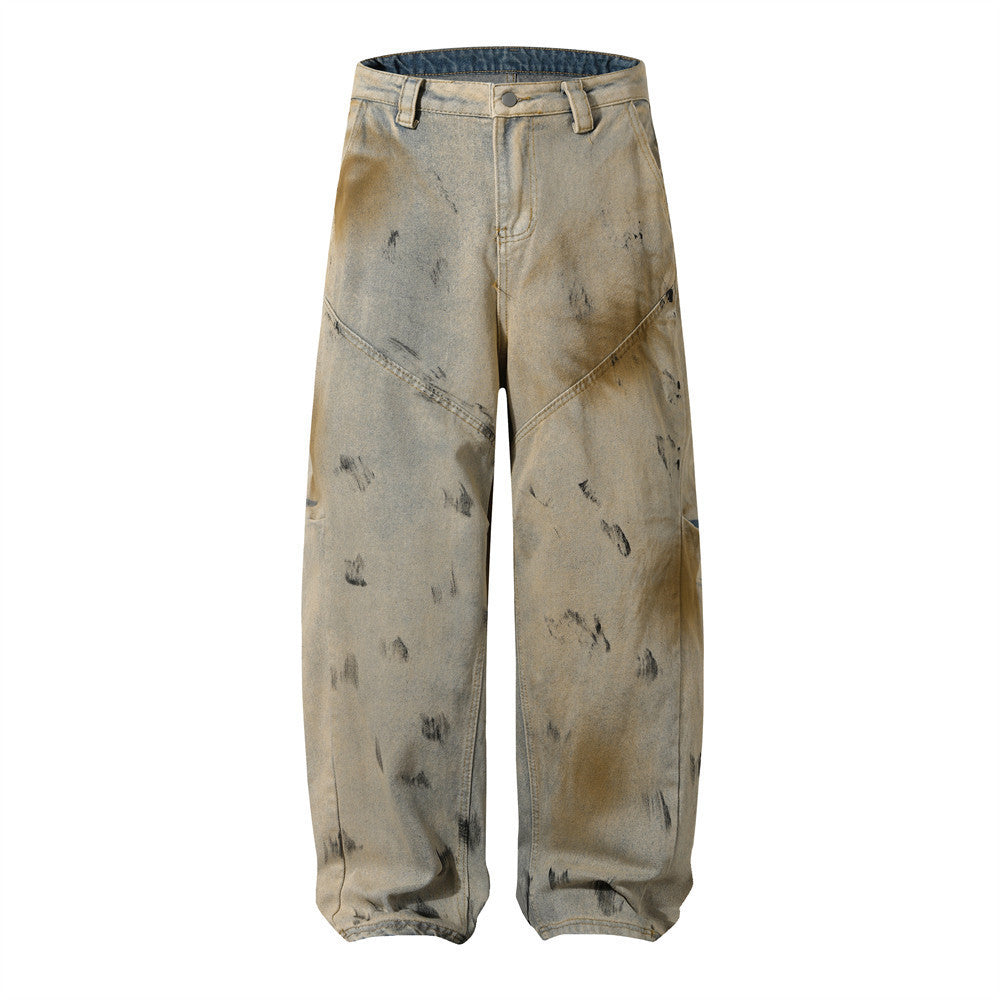 Men's Wide-Leg Punk Style Denim Pants with Paint Splatter