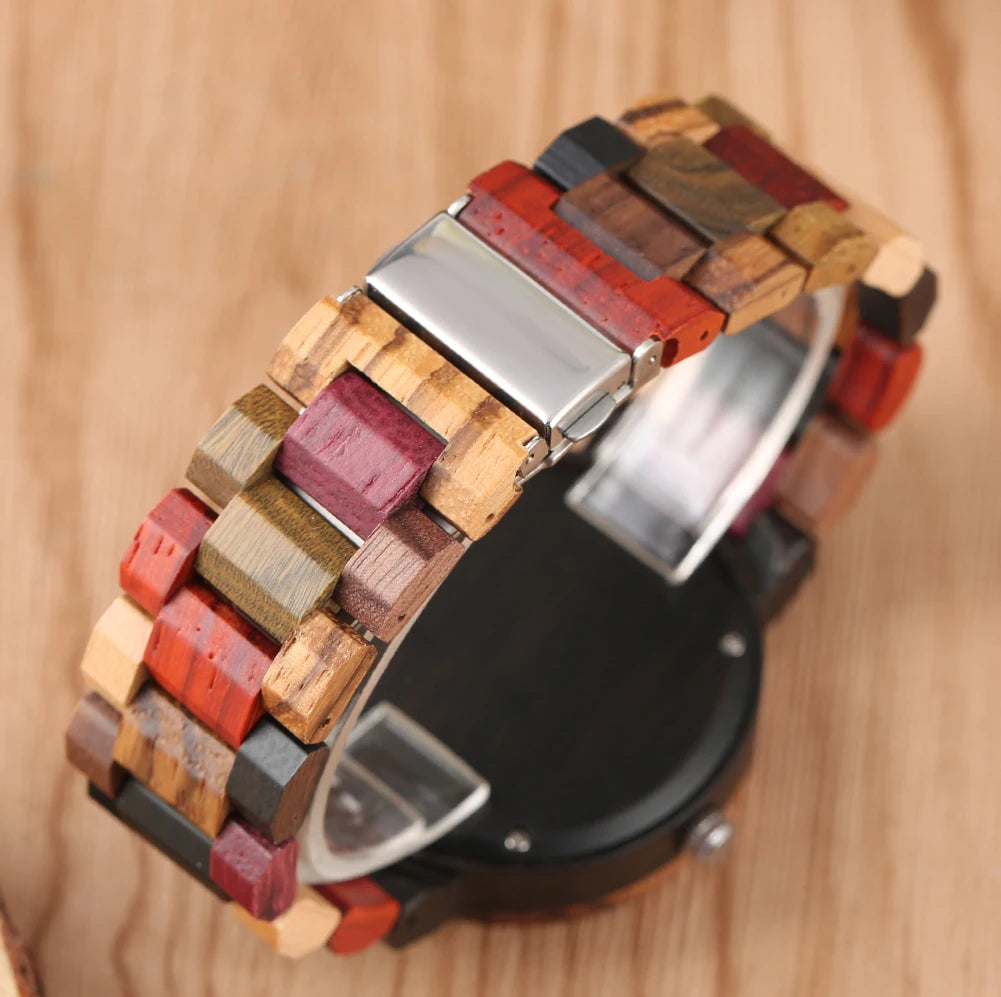 Vintage Wooden Dial Quartz Watch with Colorful Wooden Bangle Band