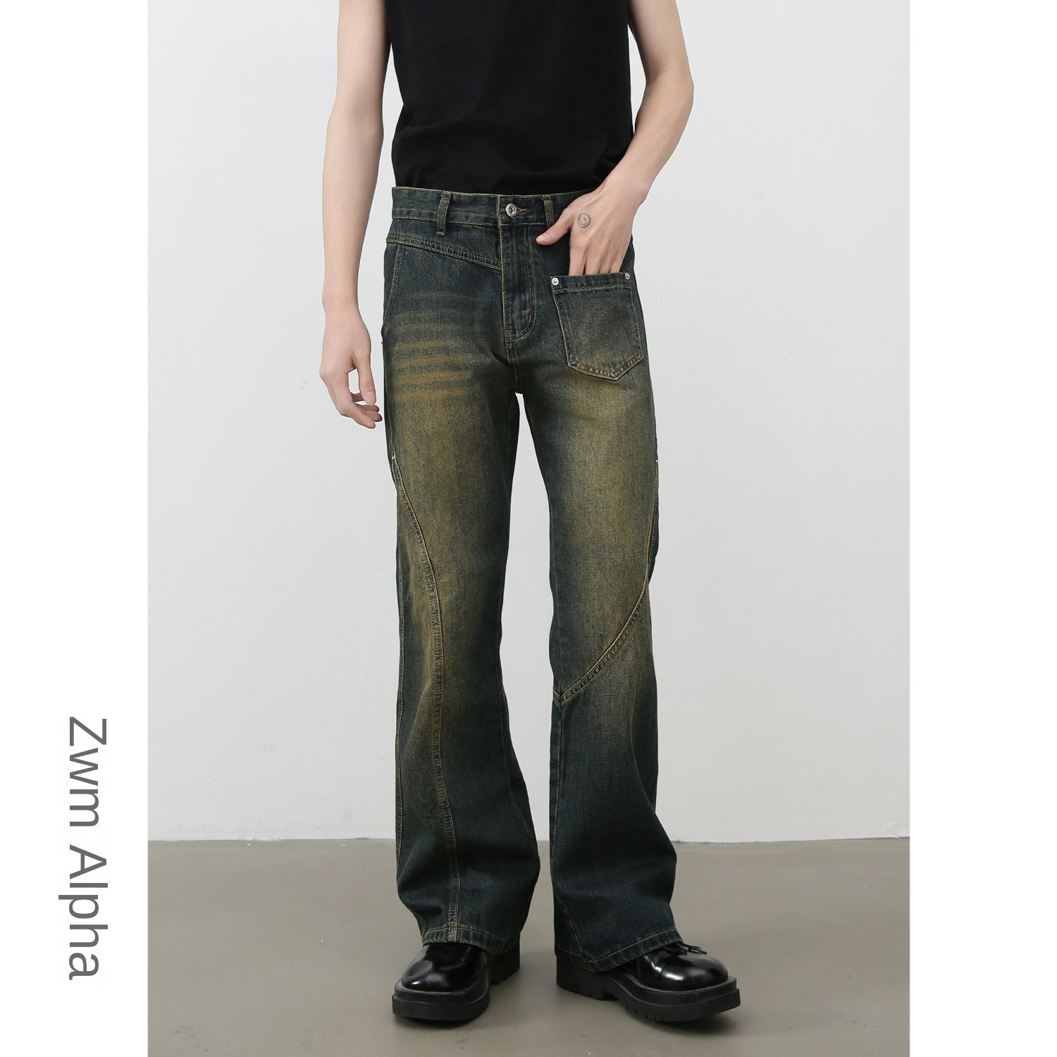 Nirben Denim | American Retro Vibe Water Washed Faded Slim Flared Jeans for Men