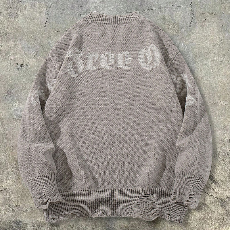 Vintage Distressed Sweater Loose Round Neck Top Couple Long Sleeve Knitwear Jacket